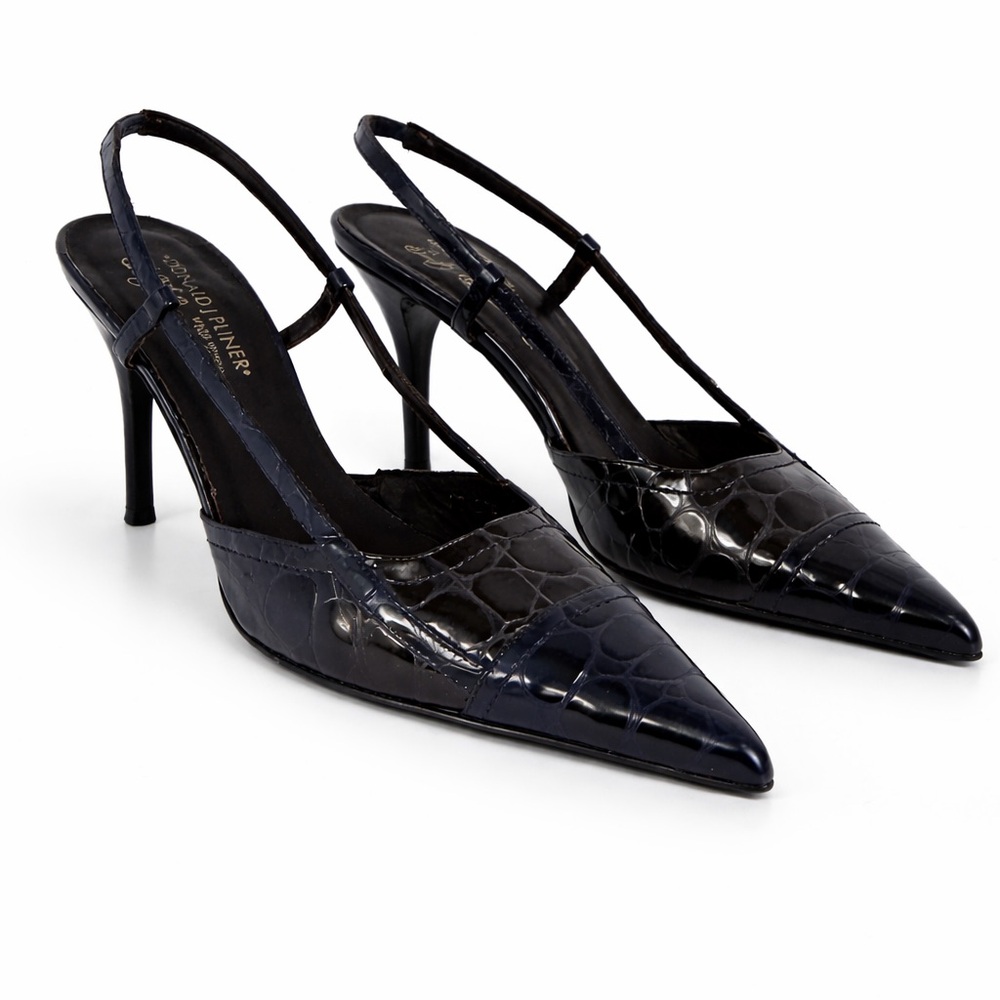 Donald J. Pliner Black and Navy Two Tone Crocodile-Patterned Heels